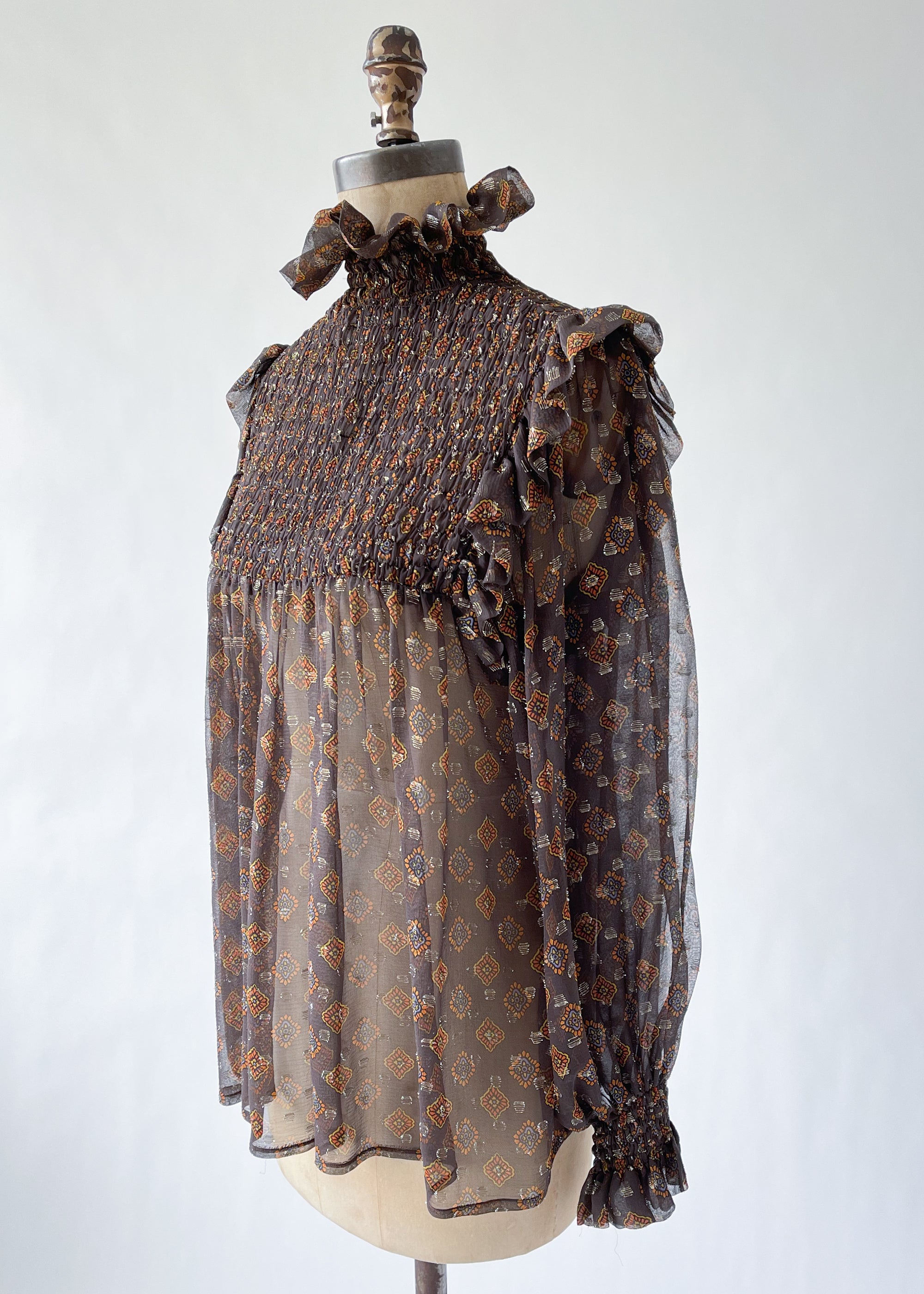 Vintage 1970s YSL Smocked Ruffle Neck Blouse