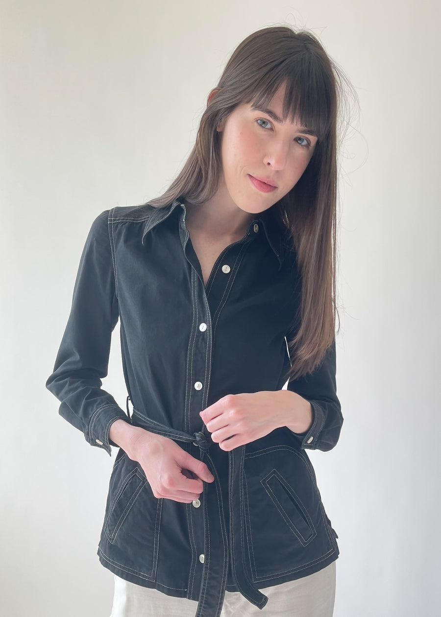 Vintage 1970s Black Cotton Belted Shirt