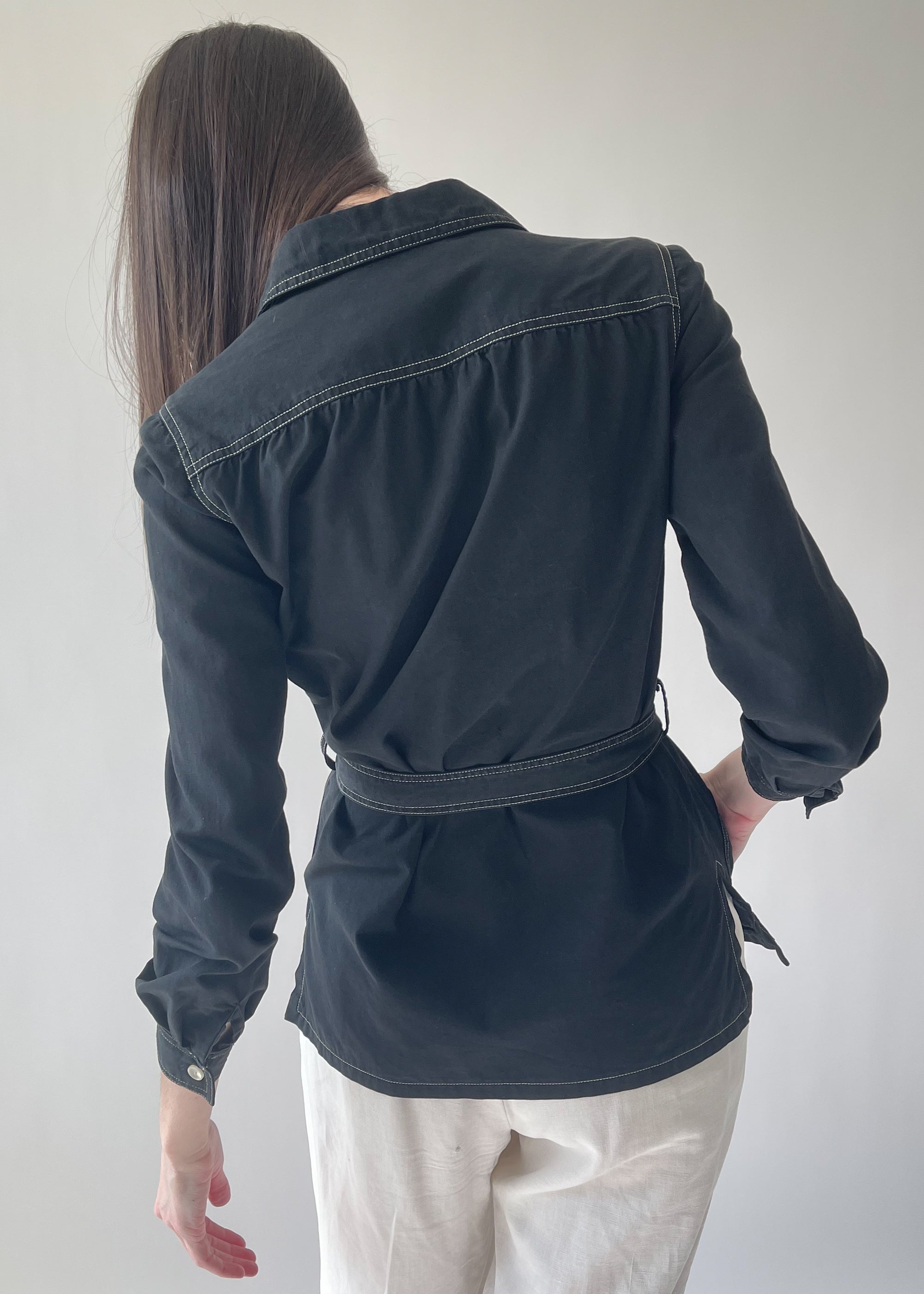 Vintage 1970s Black Cotton Belted Shirt