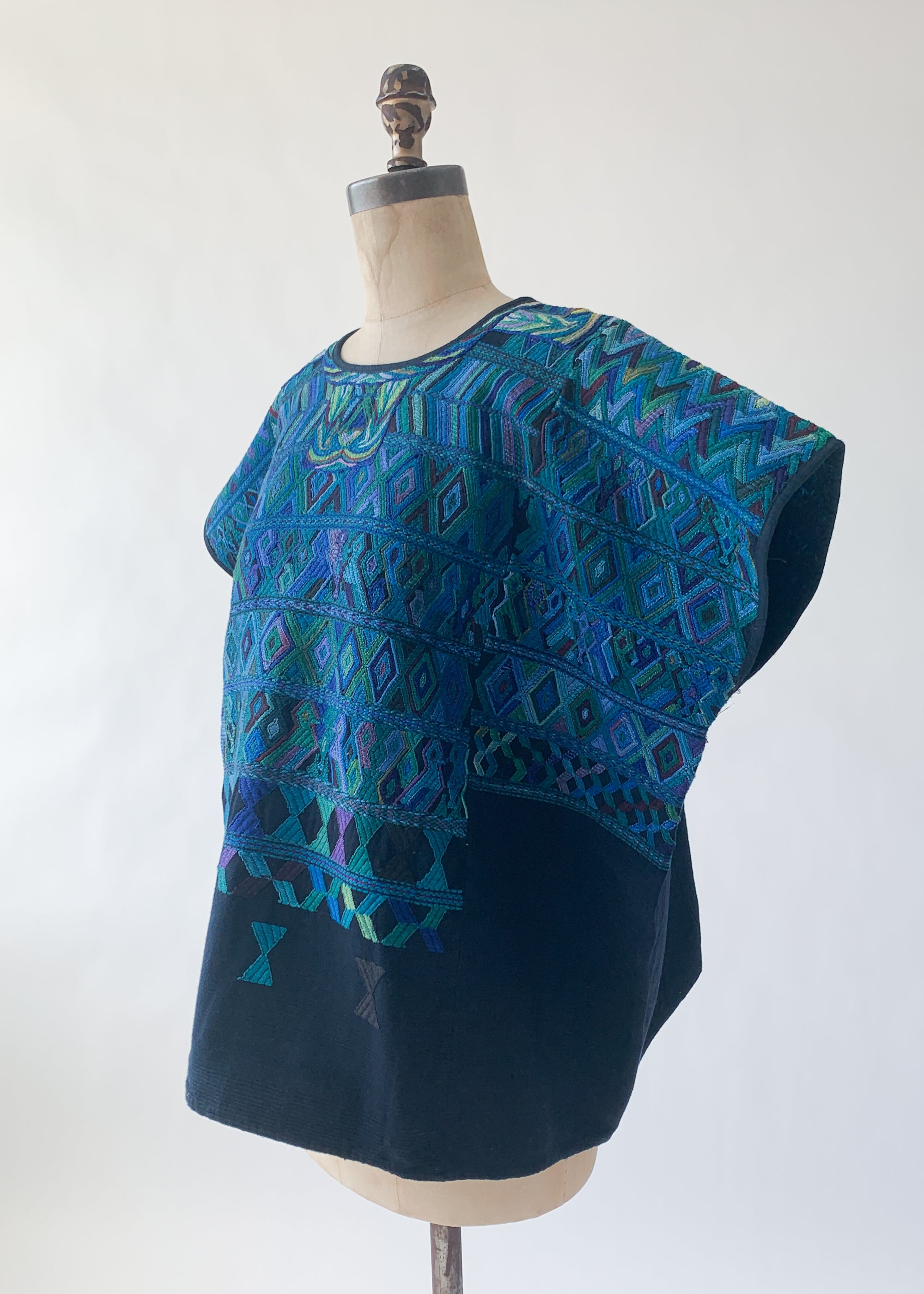 Vintage 1960s Blue Embroidered Huipil