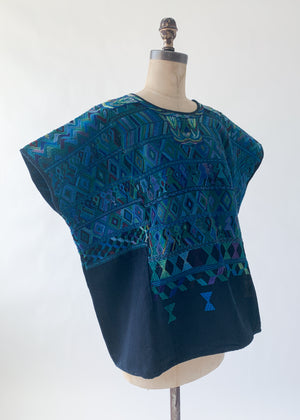 Vintage 1960s Blue Embroidered Huipil