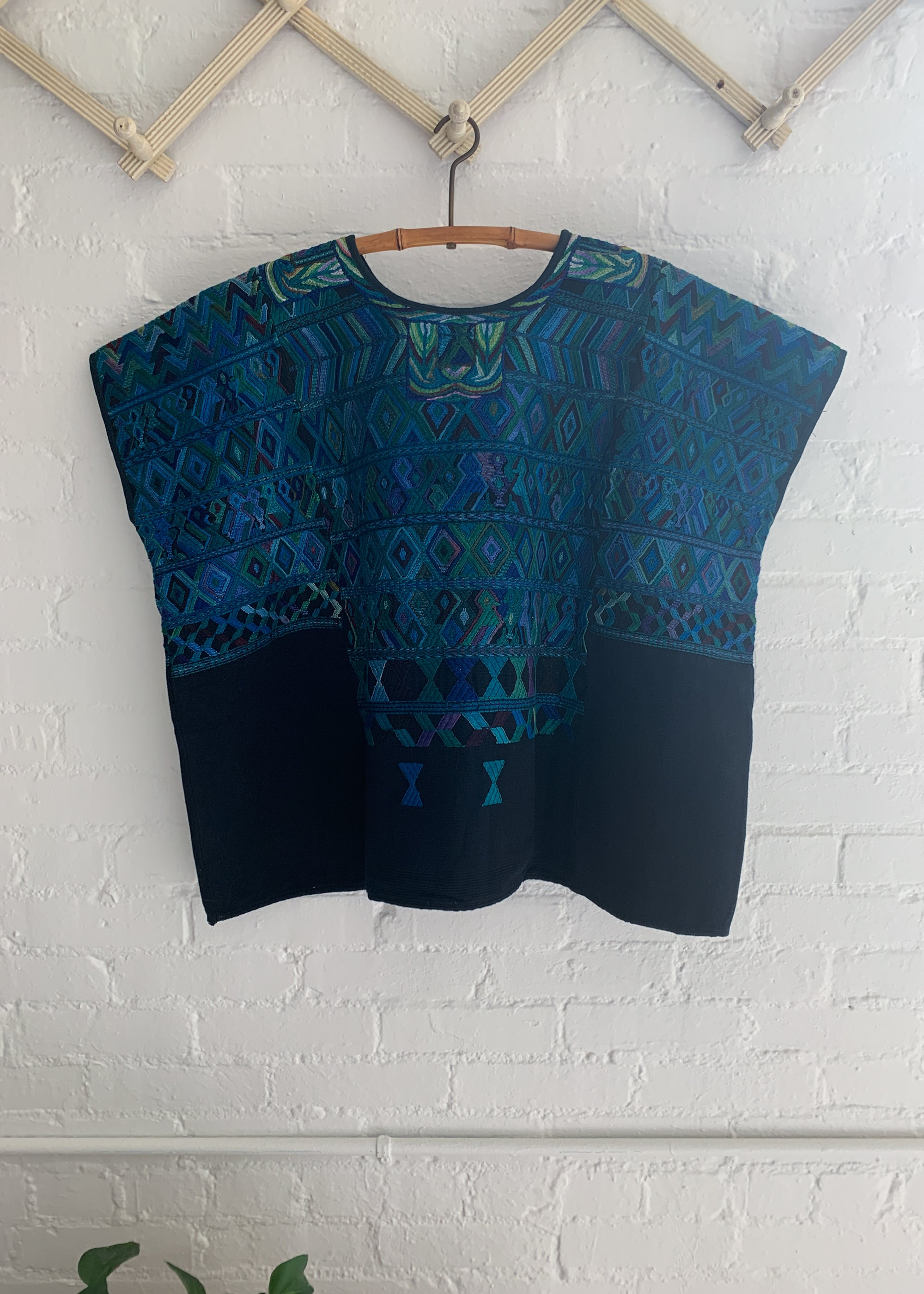 Vintage 1960s Blue Embroidered Huipil