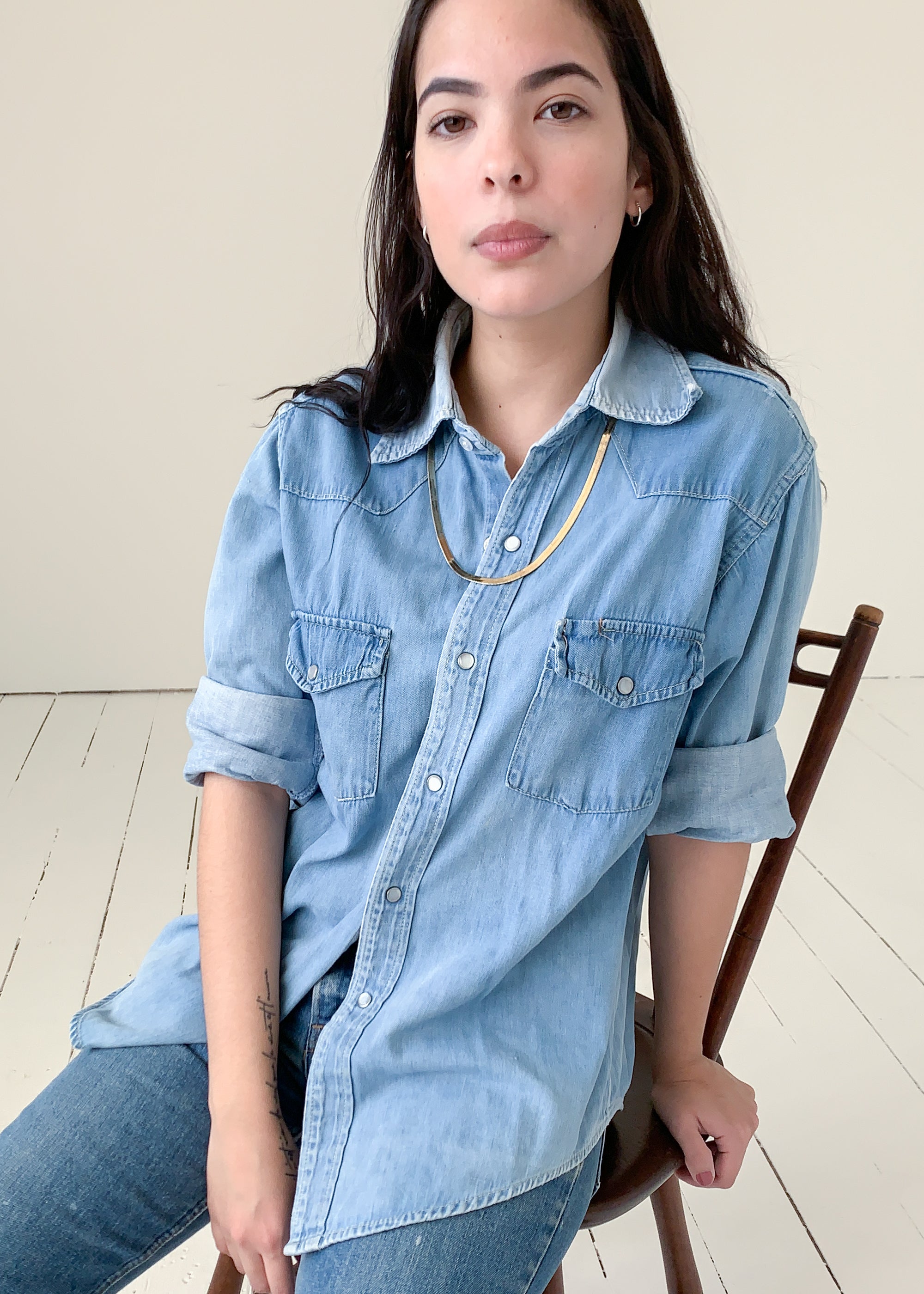 Vintage 1970s Denim Pearl Snap Western Shirt