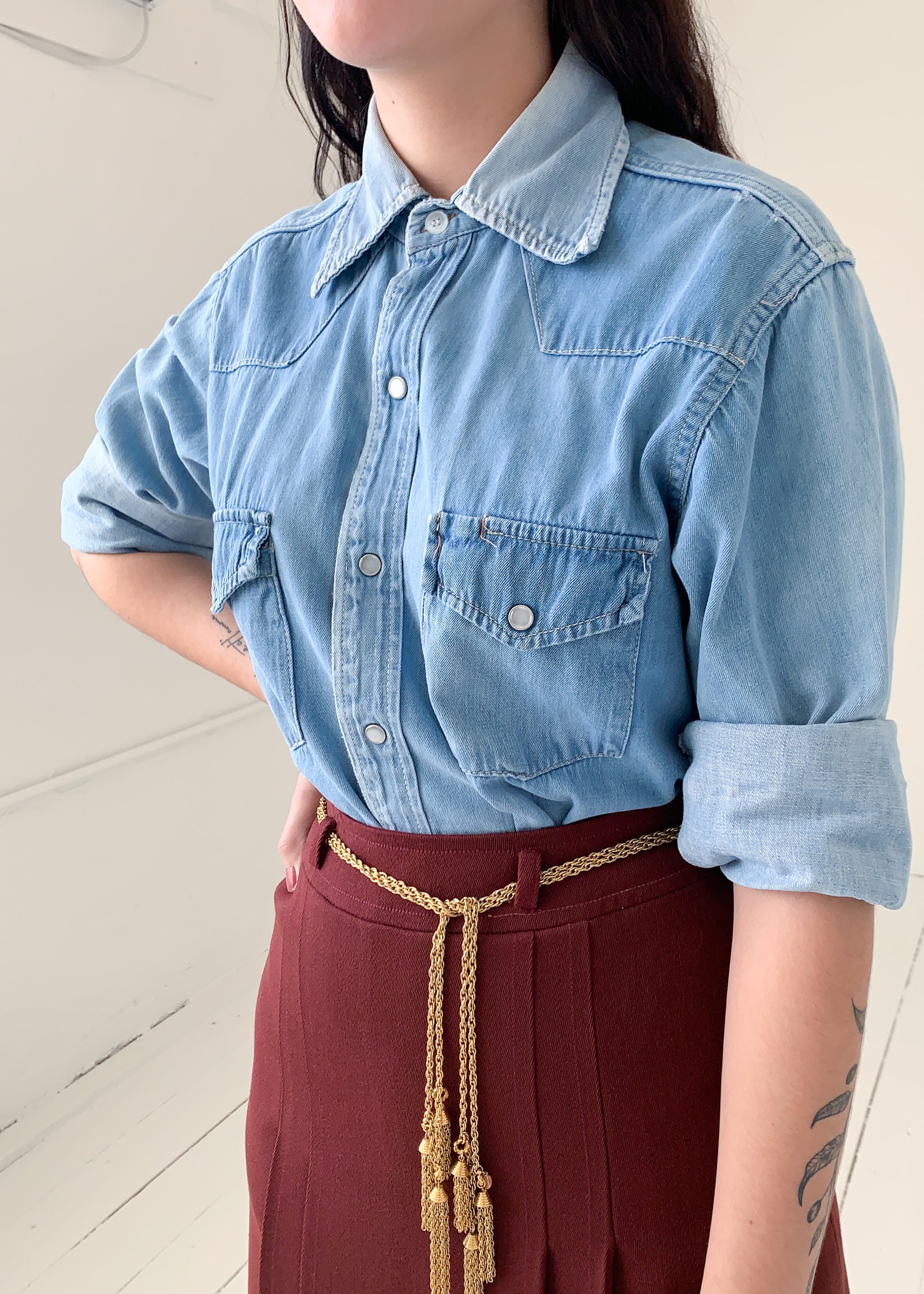Vintage 1970s Denim Pearl Snap Western Shirt