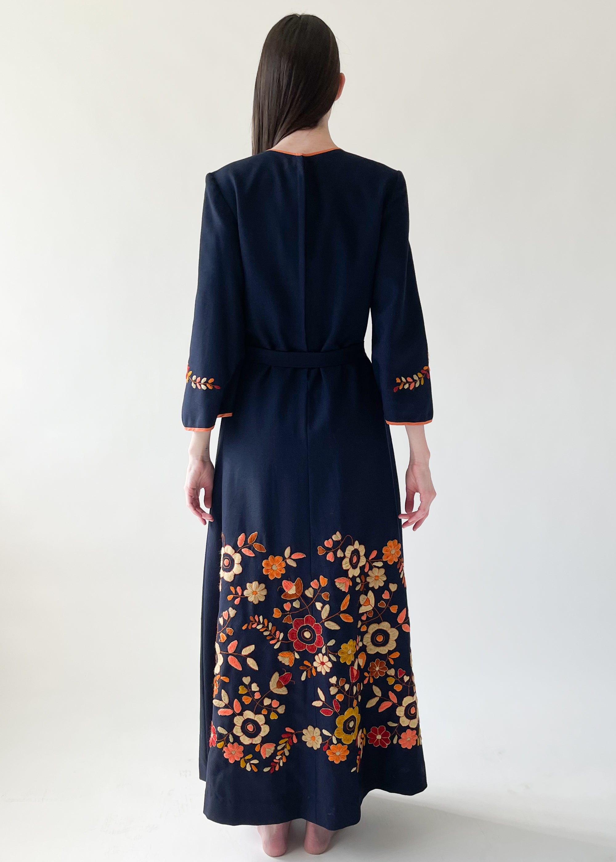 Vintage 1970s Crewel Embroidered Wool Caftan Dress