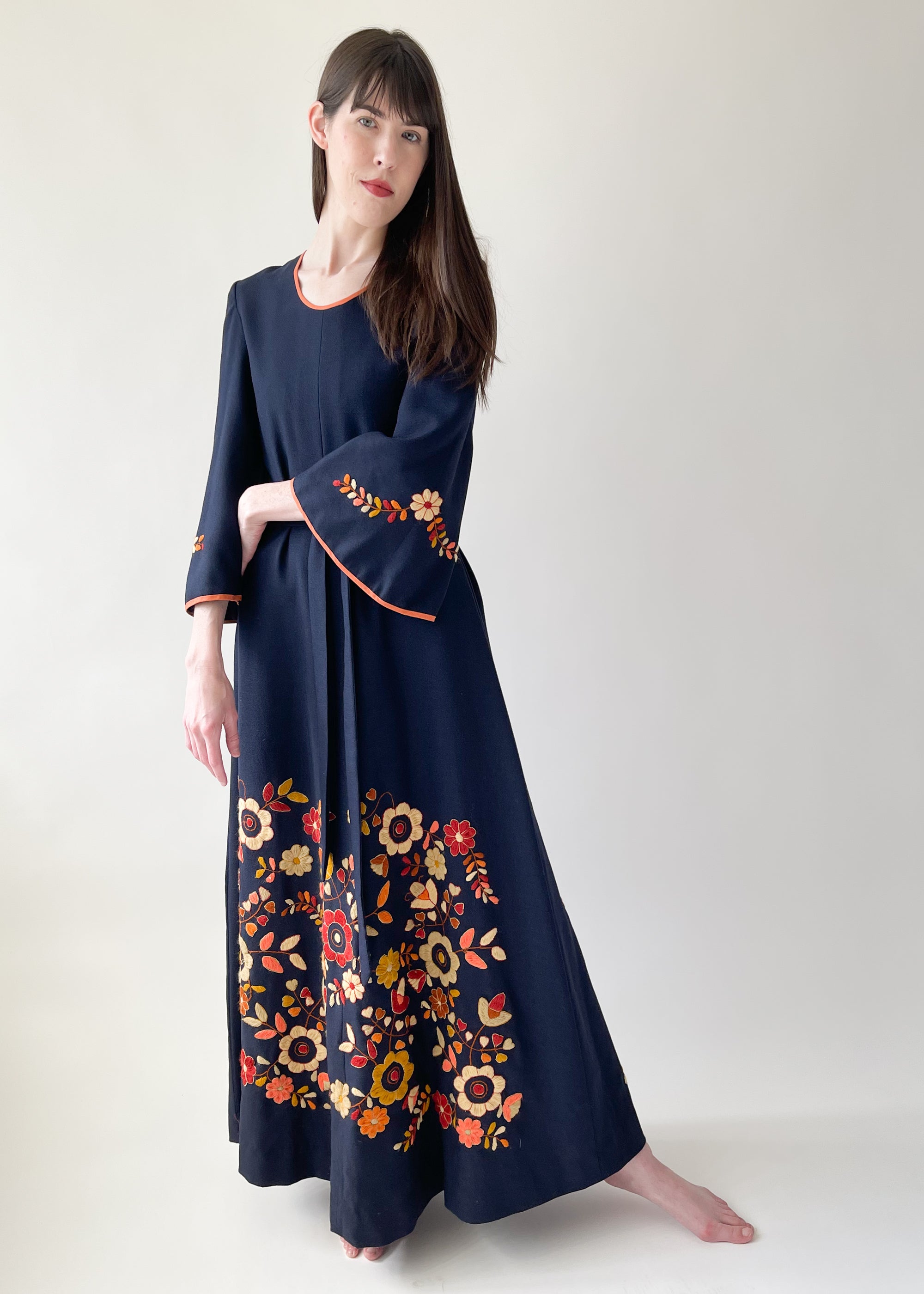 Vintage 1970s Crewel Embroidered Wool Caftan Dress
