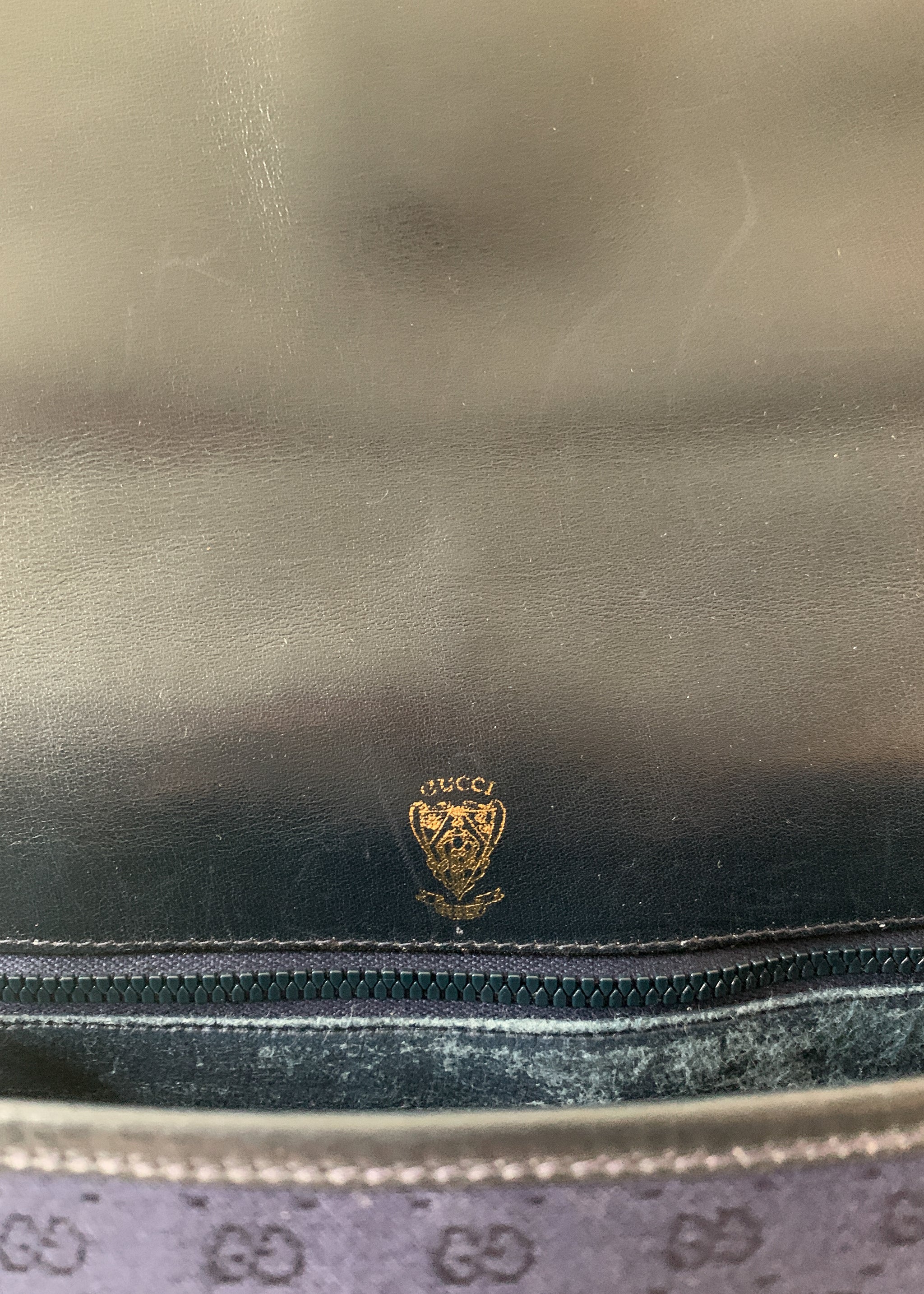 GUCCI Vintage Navy Blue Monogrammed Shoulder Bag. Italian 