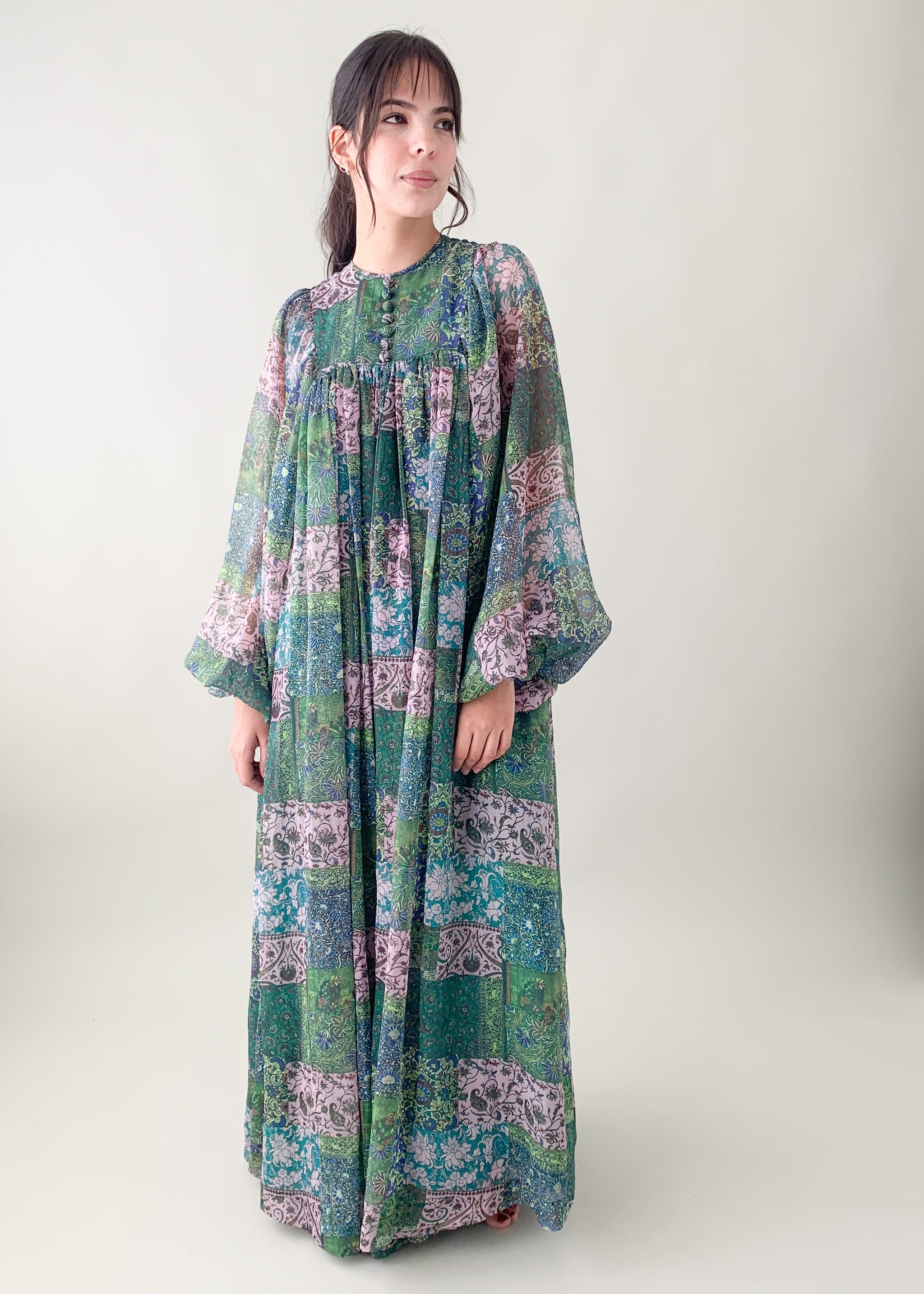 Vintage 1970s Printed Chiffon Maxi Dress