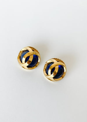 Vintage 1980s Chanel Blue Glass CC Clip Earrings