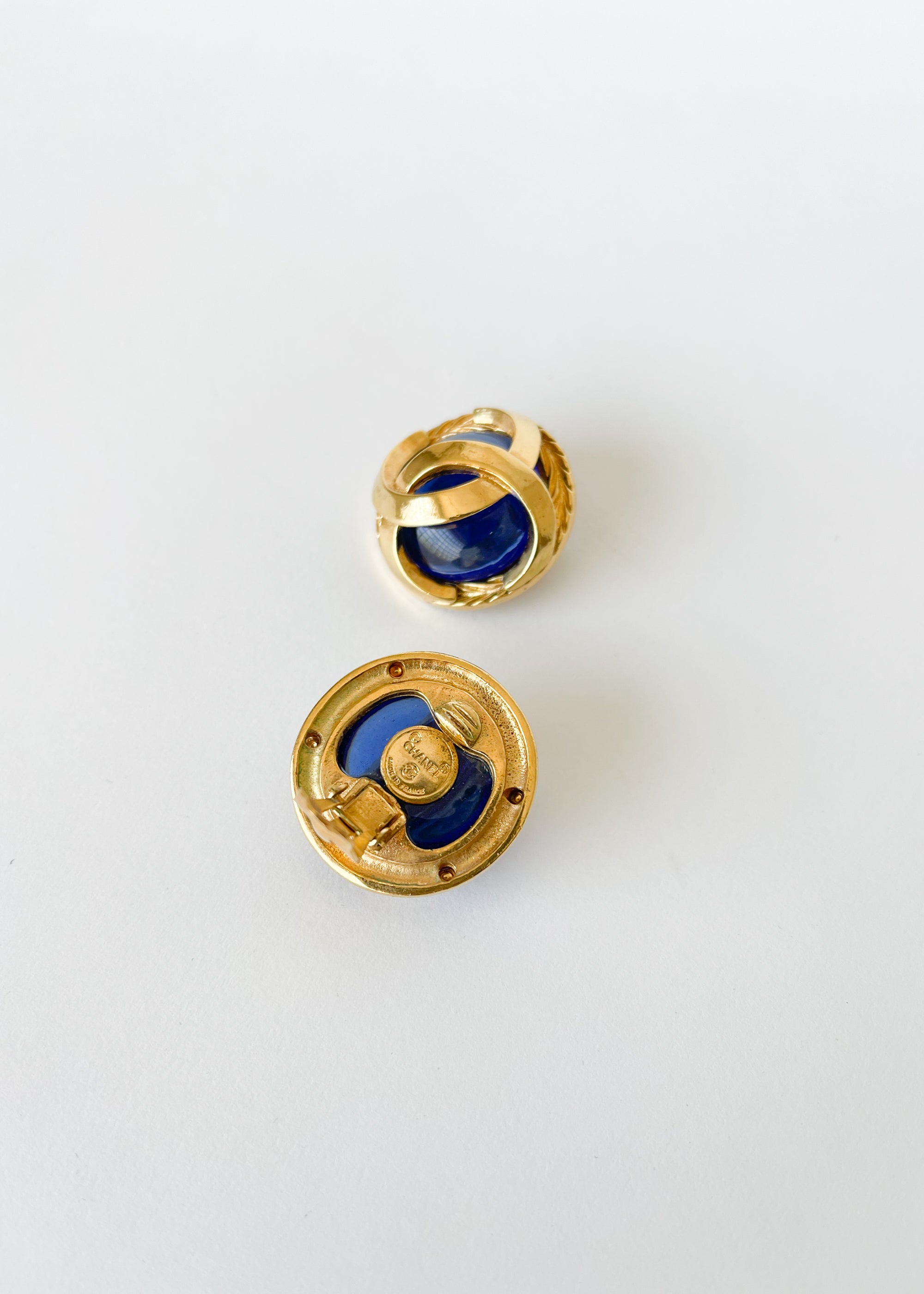 Vintage 1980s Chanel Blue Glass CC Clip Earrings