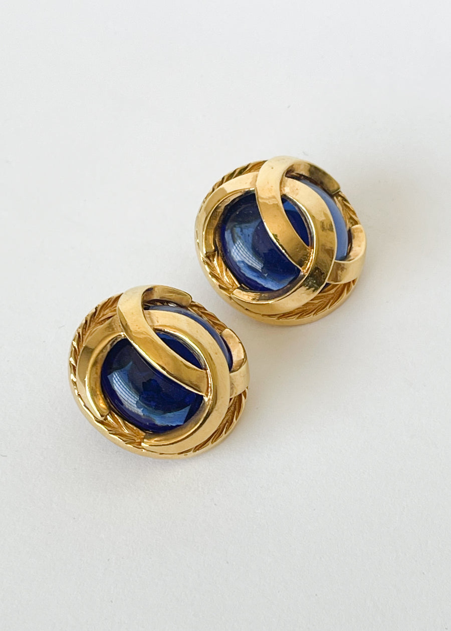 Vintage 1980s Chanel Blue Glass CC Clip Earrings