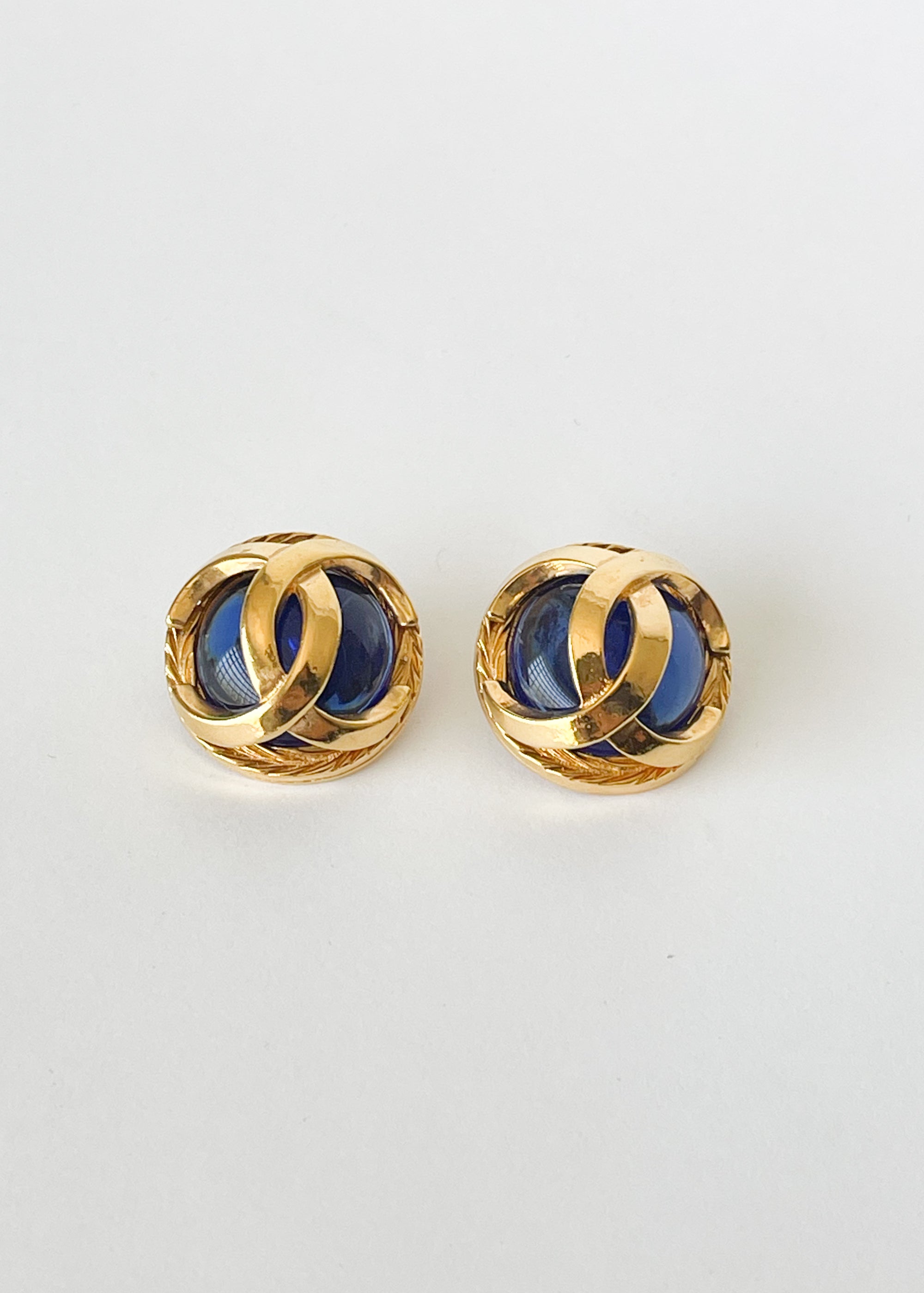 Vintage Chanel Blue Glass CC Clip Earrings - Raleigh Vintage
