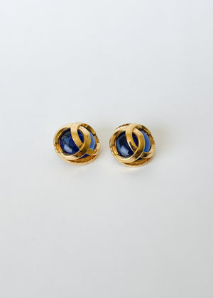 Vintage Chanel Blue Glass CC Clip Earrings