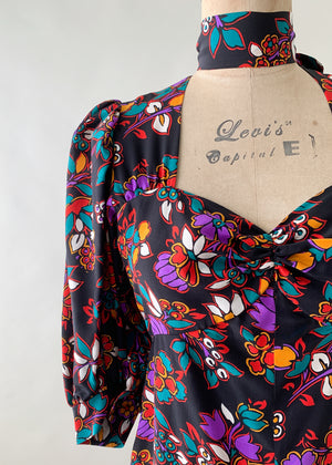 Vintage 1980s Yves Saint Laurent Silk Floral Dress