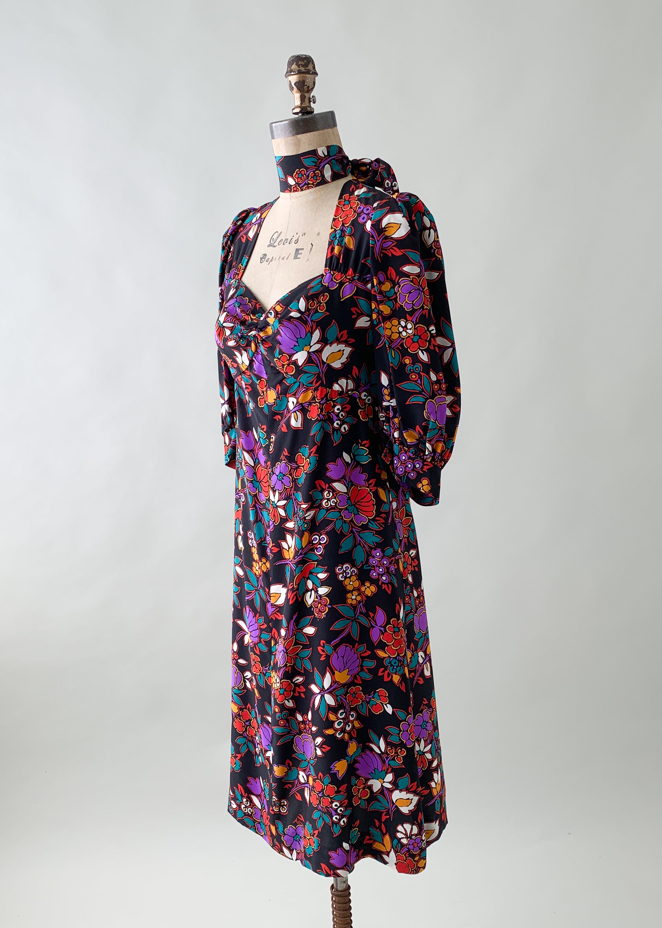Vintage 1980s Yves Saint Laurent Silk Floral Dress