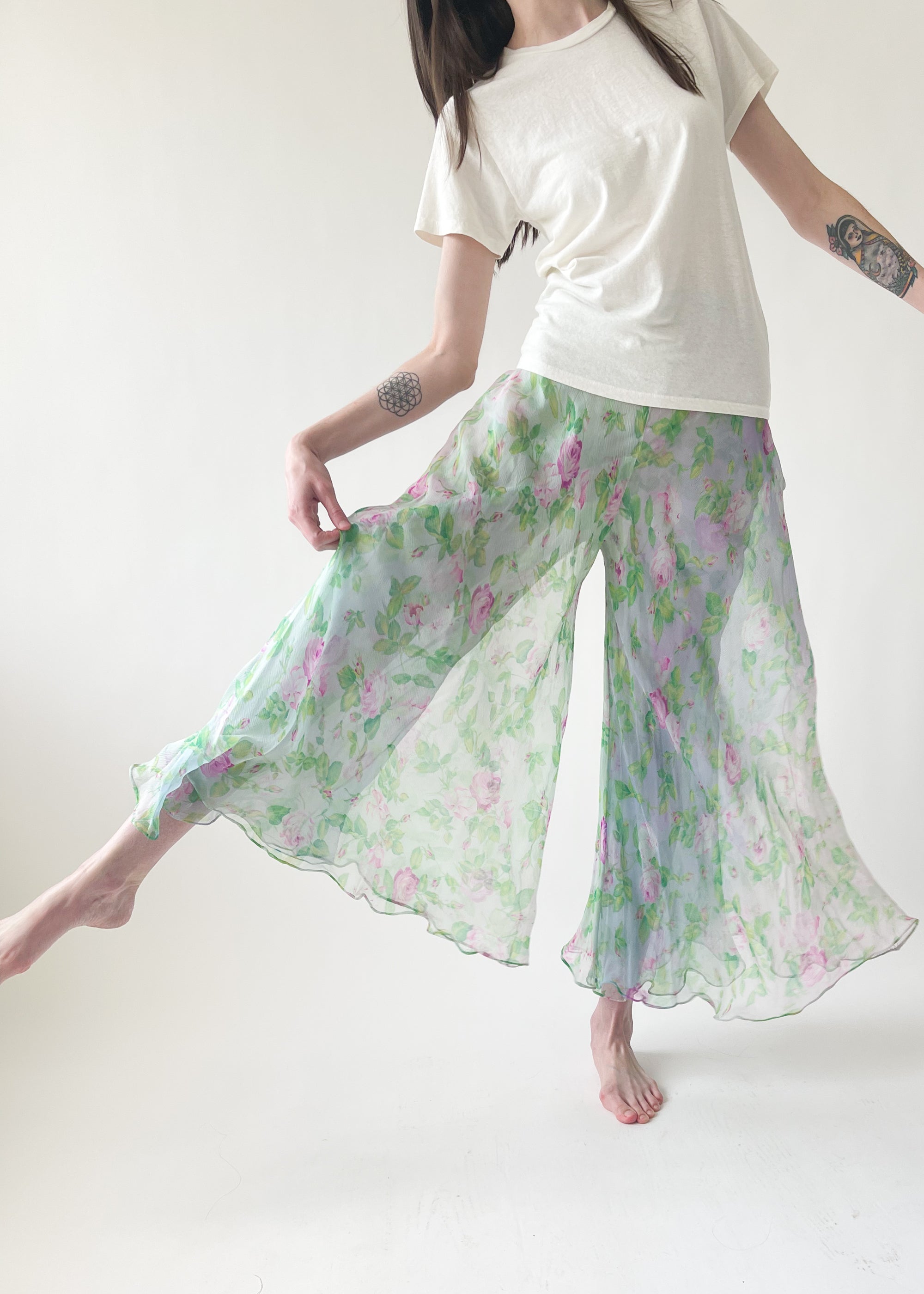 Vintage 1998 YSL Floral Silk Chiffon Pants