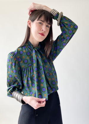 Vintage 1980s YSL Silk Print Blouse with Bow