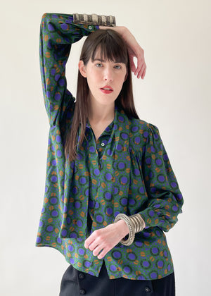 Vintage 1980s YSL Silk Print Blouse with Bow