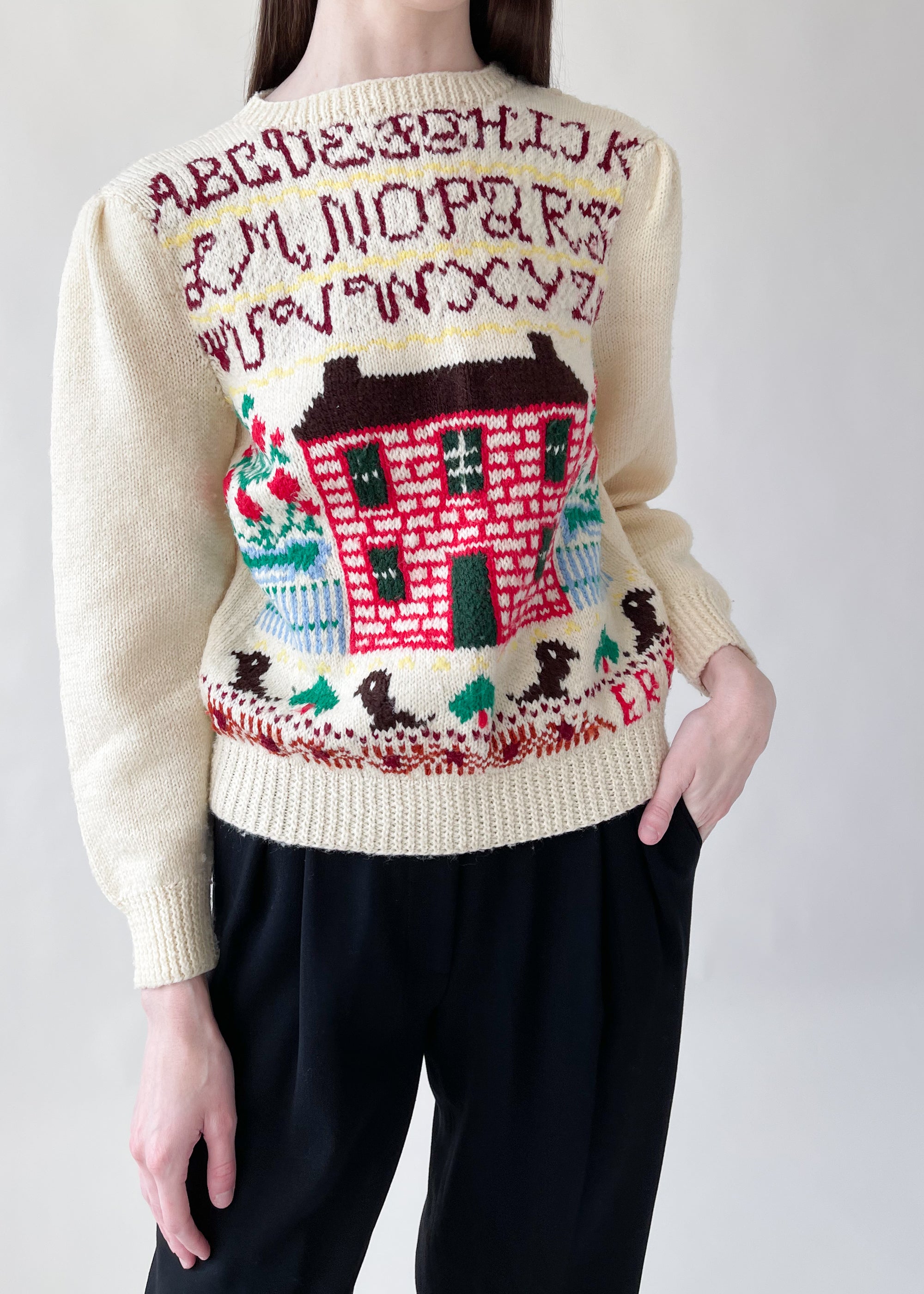 Vintage 1980s Hand-knit Schoolhouse Sweater