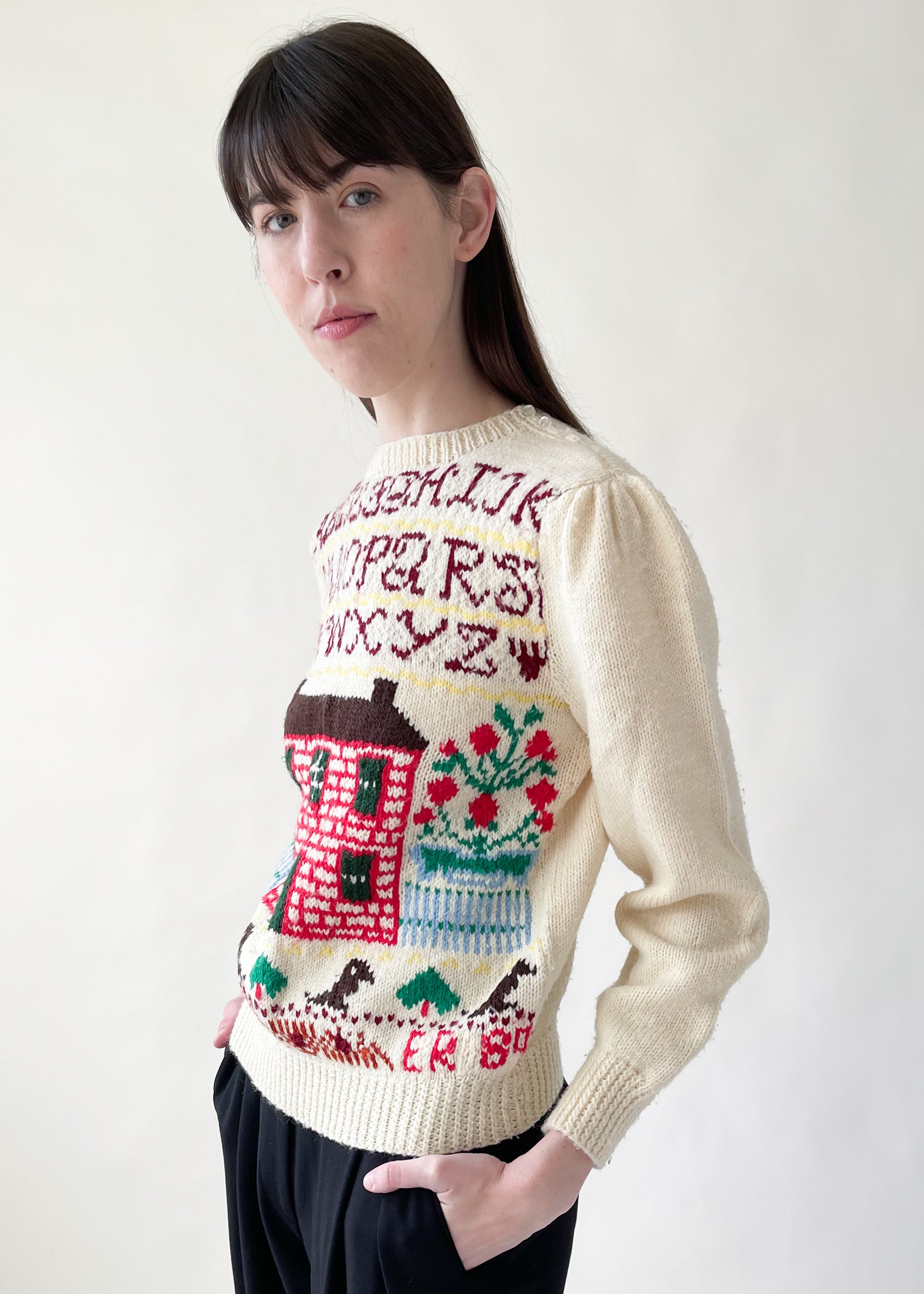Vintage 1980s Hand-knit Schoolhouse Sweater