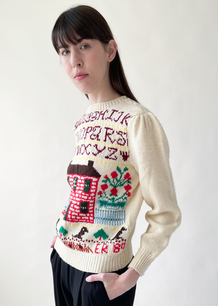 Vintage 1980s Hand-knit Schoolhouse Sweater