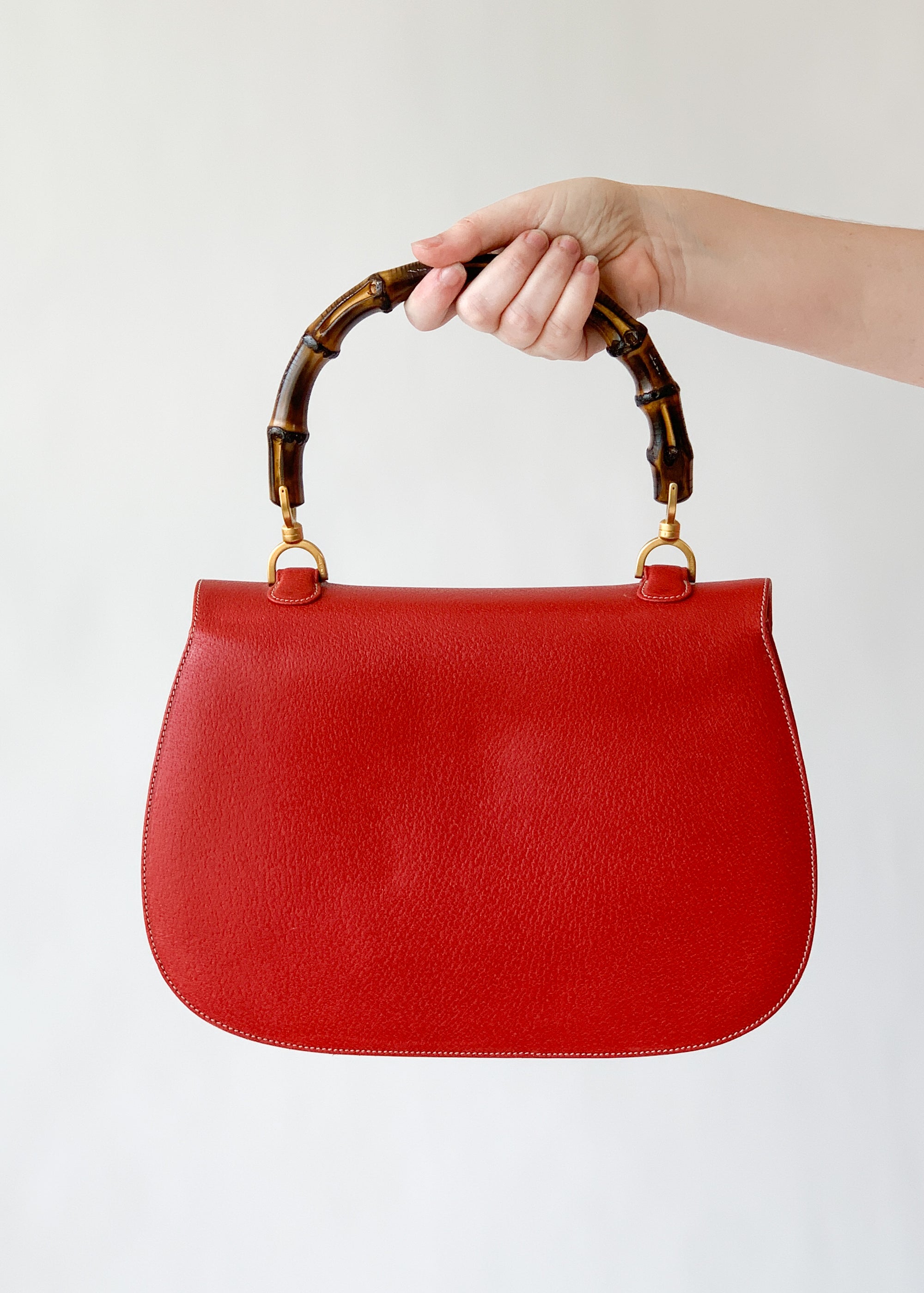 Vintage Early 1990s Red Gucci Bamboo Handle Bag with Strap