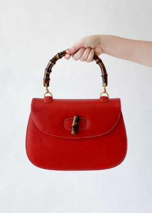 Vintage Early 1990s Red Gucci Bamboo Handle Bag with Strap