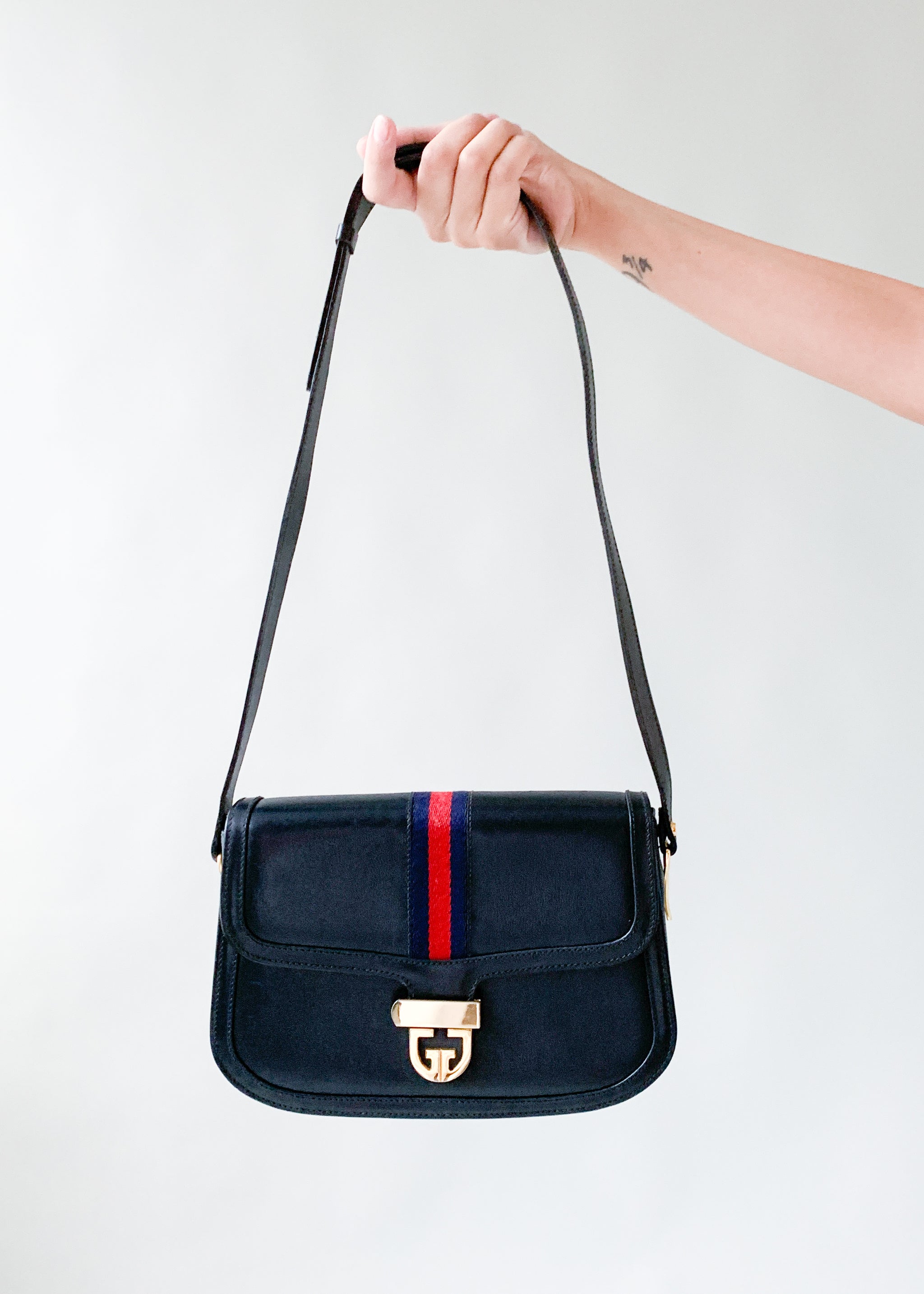 Vintage 1970s Navy Gucci Leather Stripe Purse