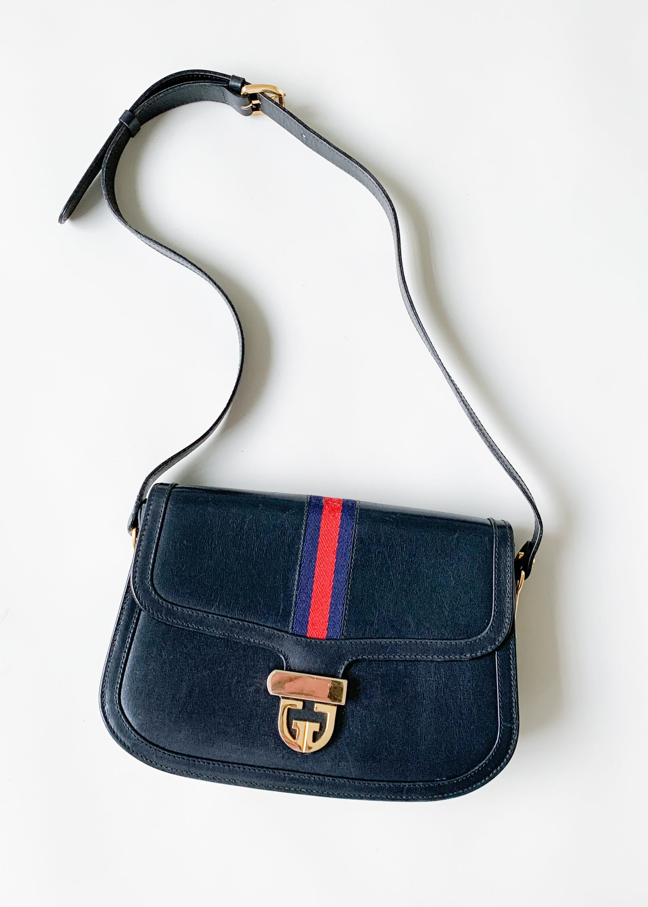 Vintage 1970s Navy Gucci Leather Stripe Purse