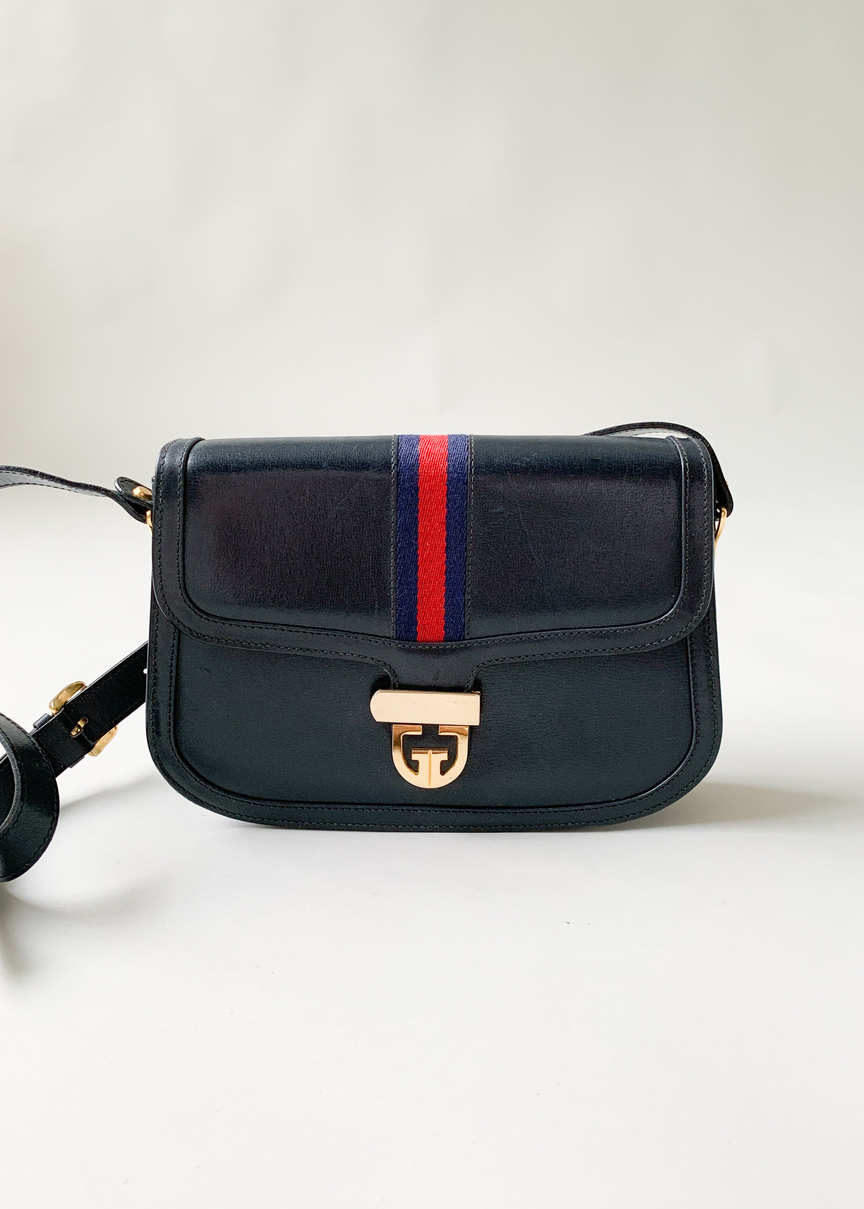 Vintage 1970s Navy Gucci Leather Stripe Purse