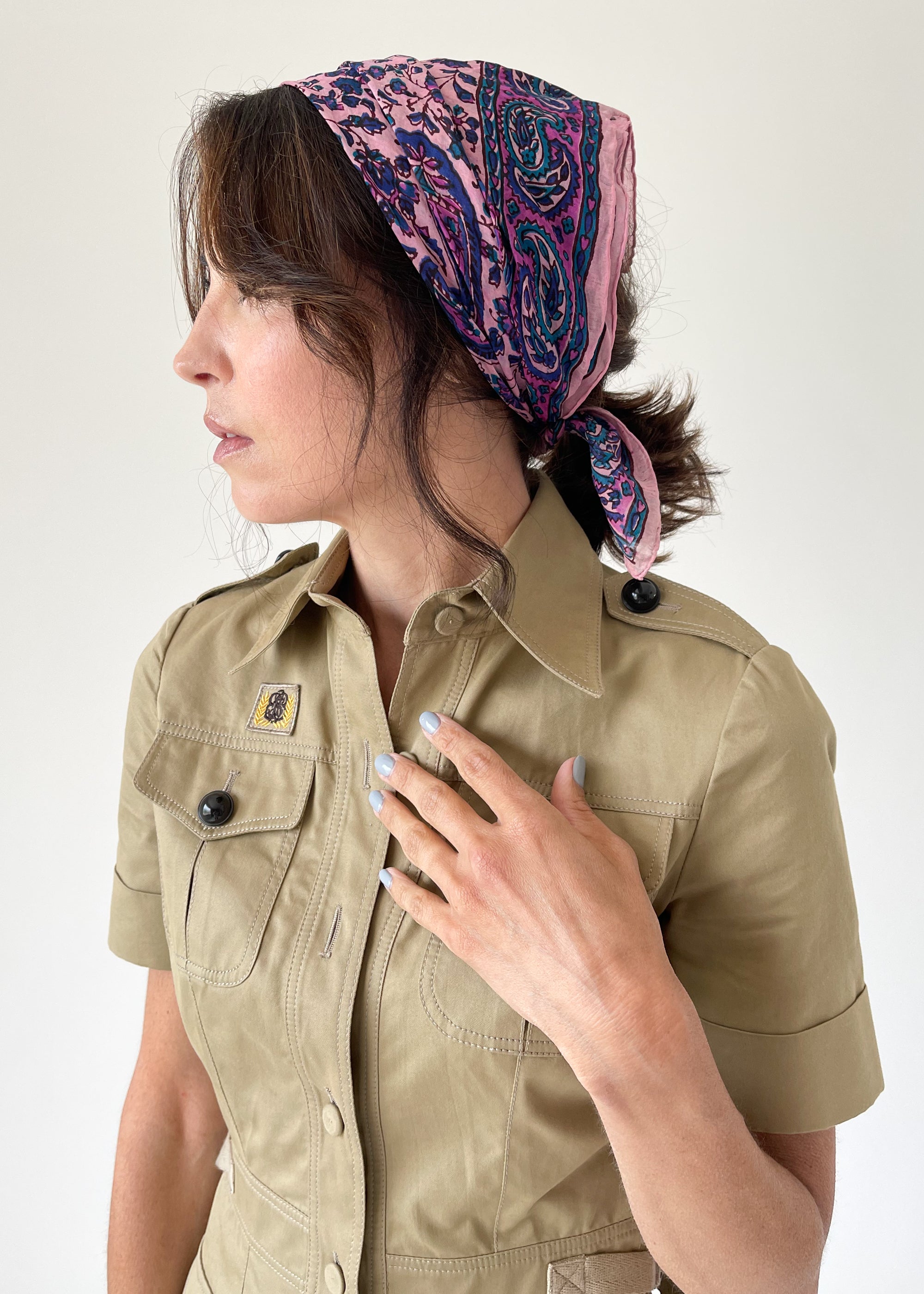 Vintage 1970s Indian Block Print Silk Scarf