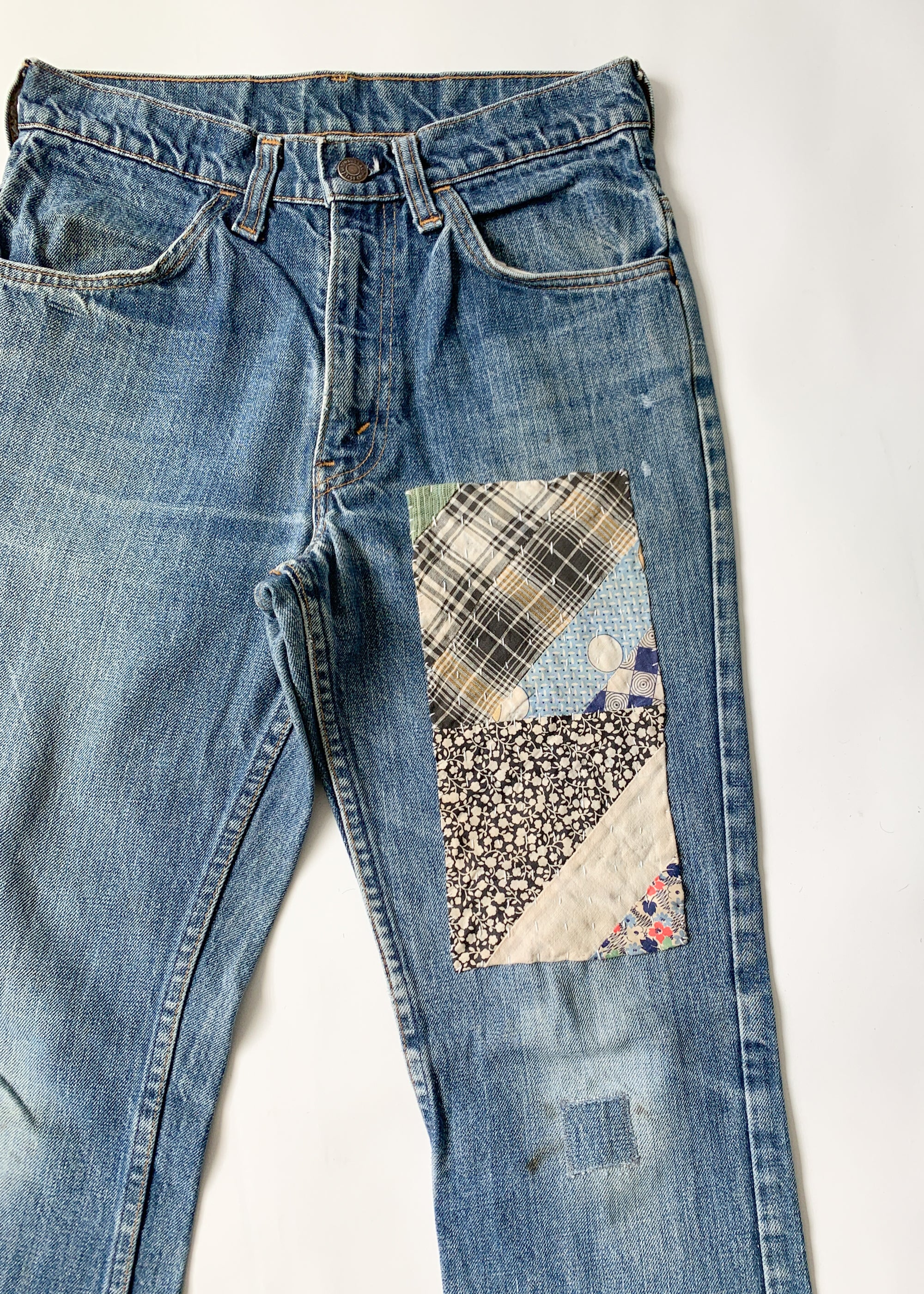Vintage 1960s Levi's Flare Leg Jeans with Quilt Patching Raleigh