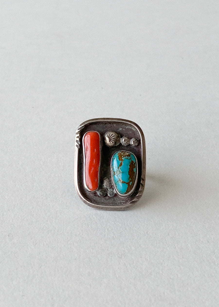 Vintage Coral Turquoise and Silver Ring
