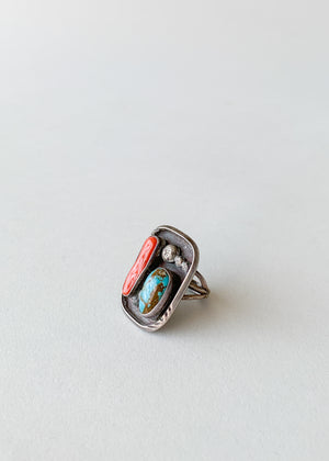 Vintage Coral Turquoise and Silver Ring