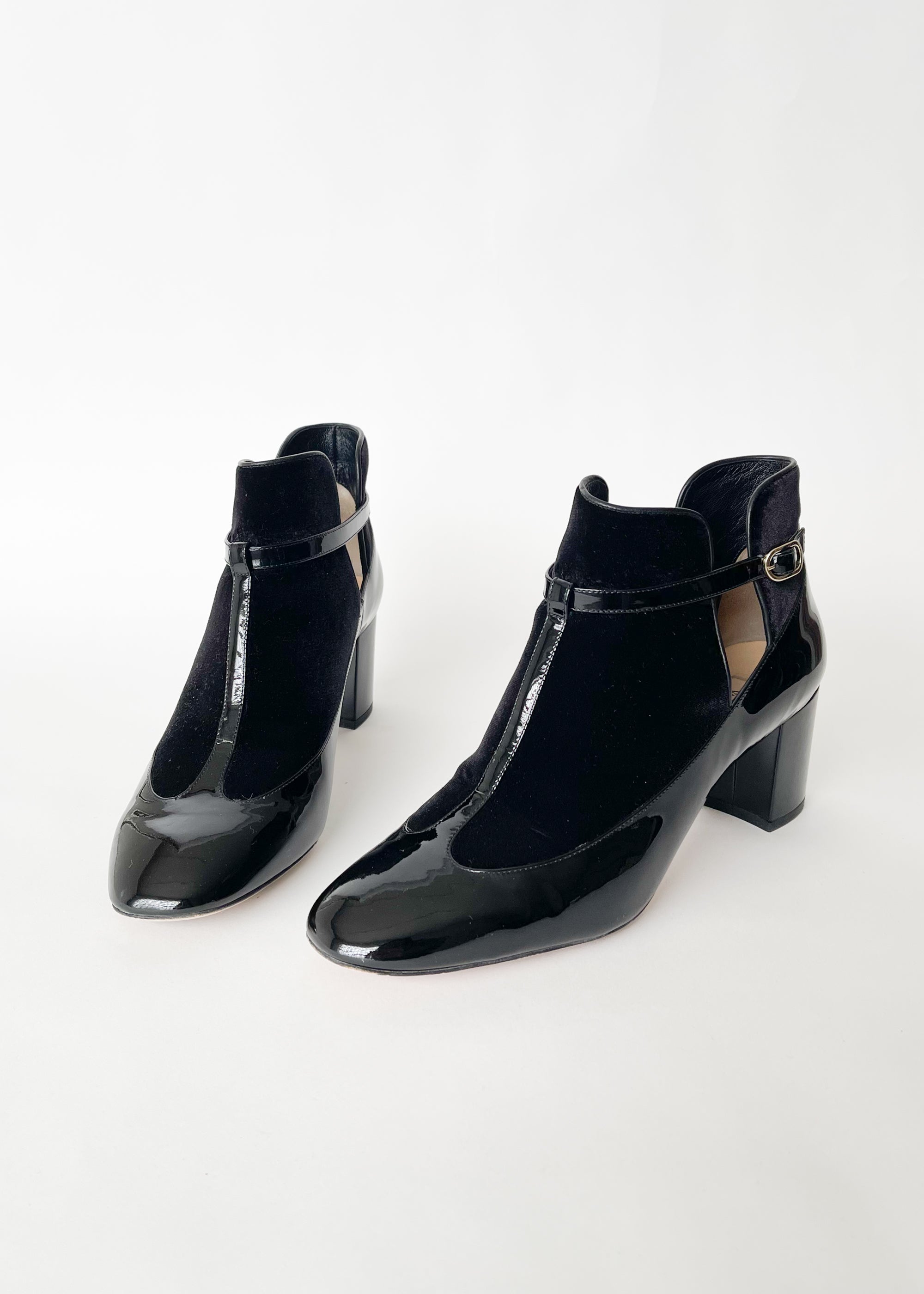 Valentino Black Patent and Velvet T-Strap Boots - Raleigh Vintage
