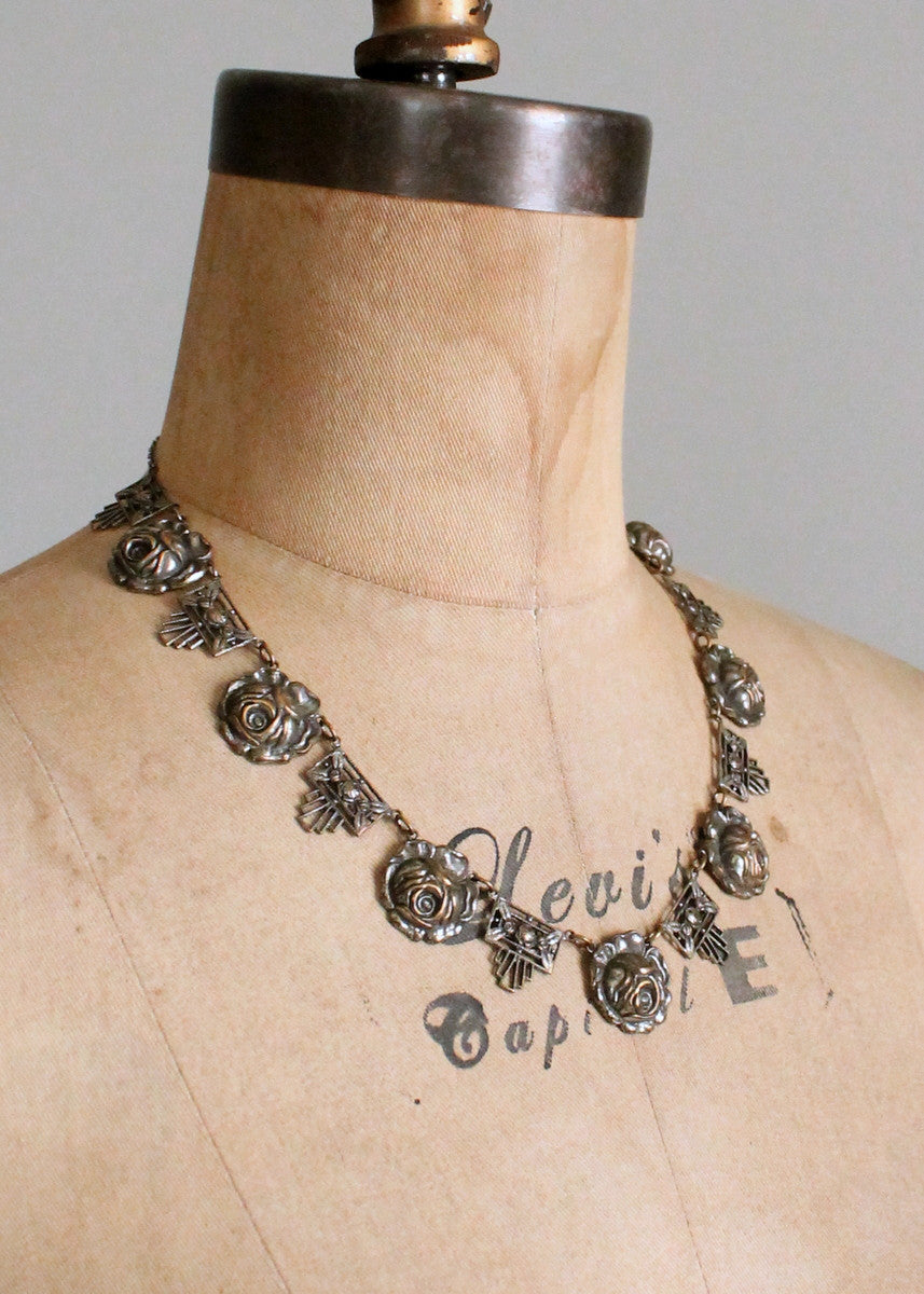 Vintage 1930s Art Deco Silver Rose Necklace