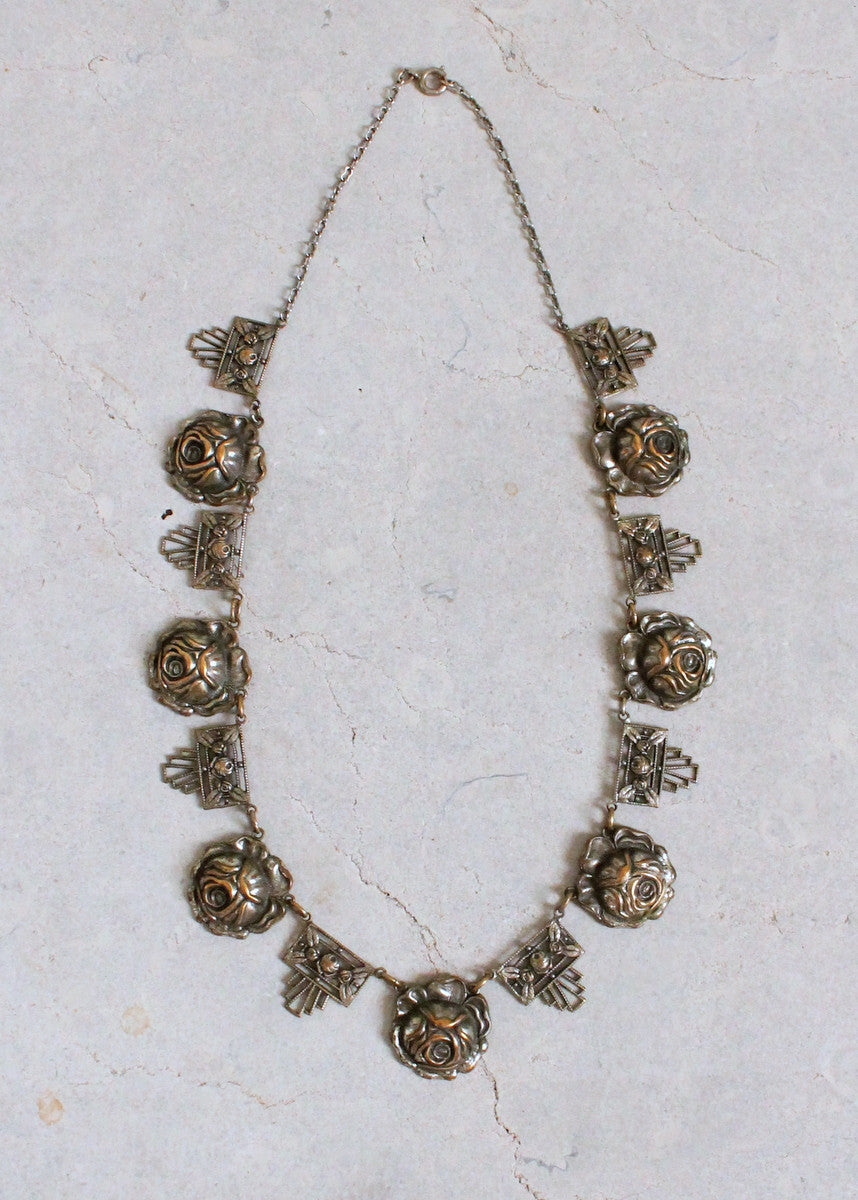 Vintage 1930s Art Deco Silver Rose Necklace