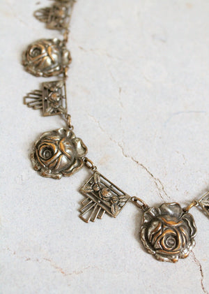 Vintage 1930s Art Deco Silver Rose Necklace