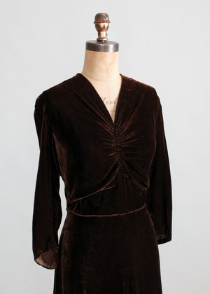 Vintage Late 1930s Classic Brown Velvet Dress