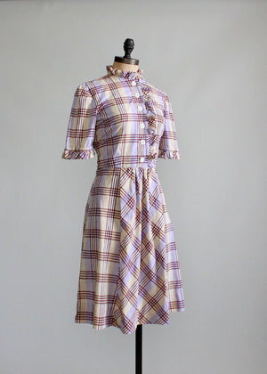 Vintage 1930s Plaid Ruffles Cotton Day Dress