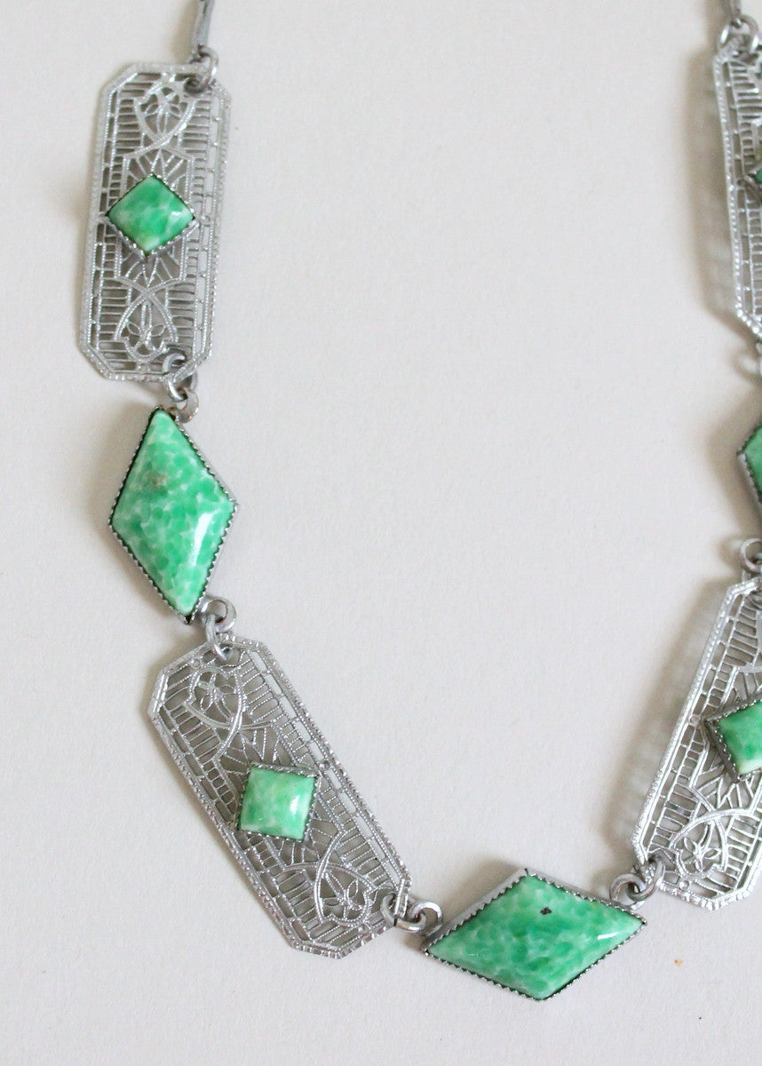 Vintage 1930s Green Glass and Silver Filigree Necklace