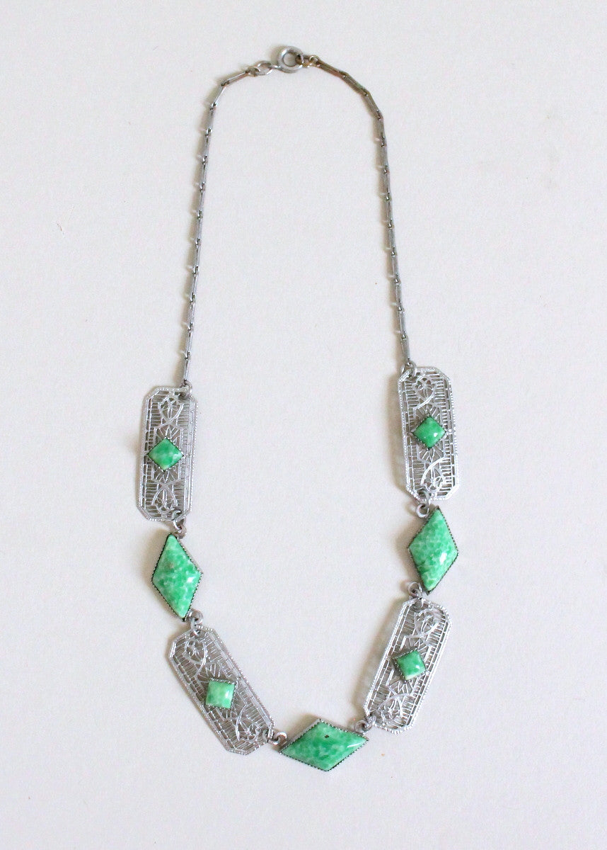 Vintage 1930s Green Glass and Silver Filigree Necklace