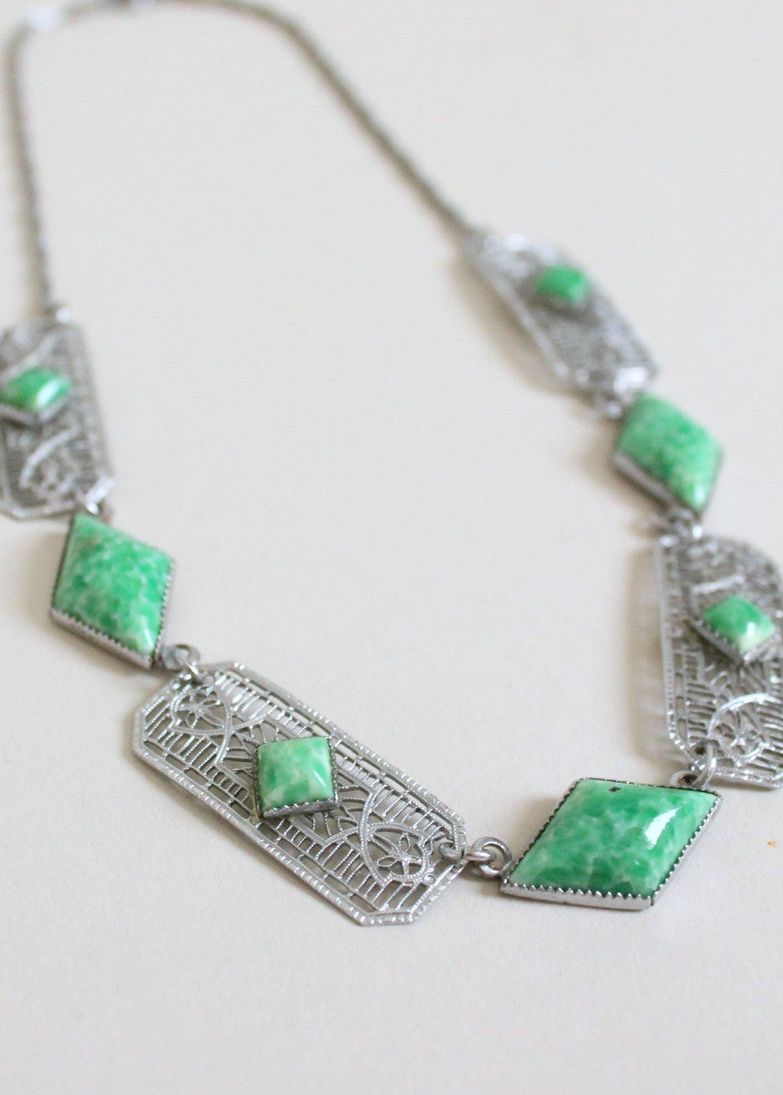 Vintage 1930s Green Glass and Silver Filigree Necklace