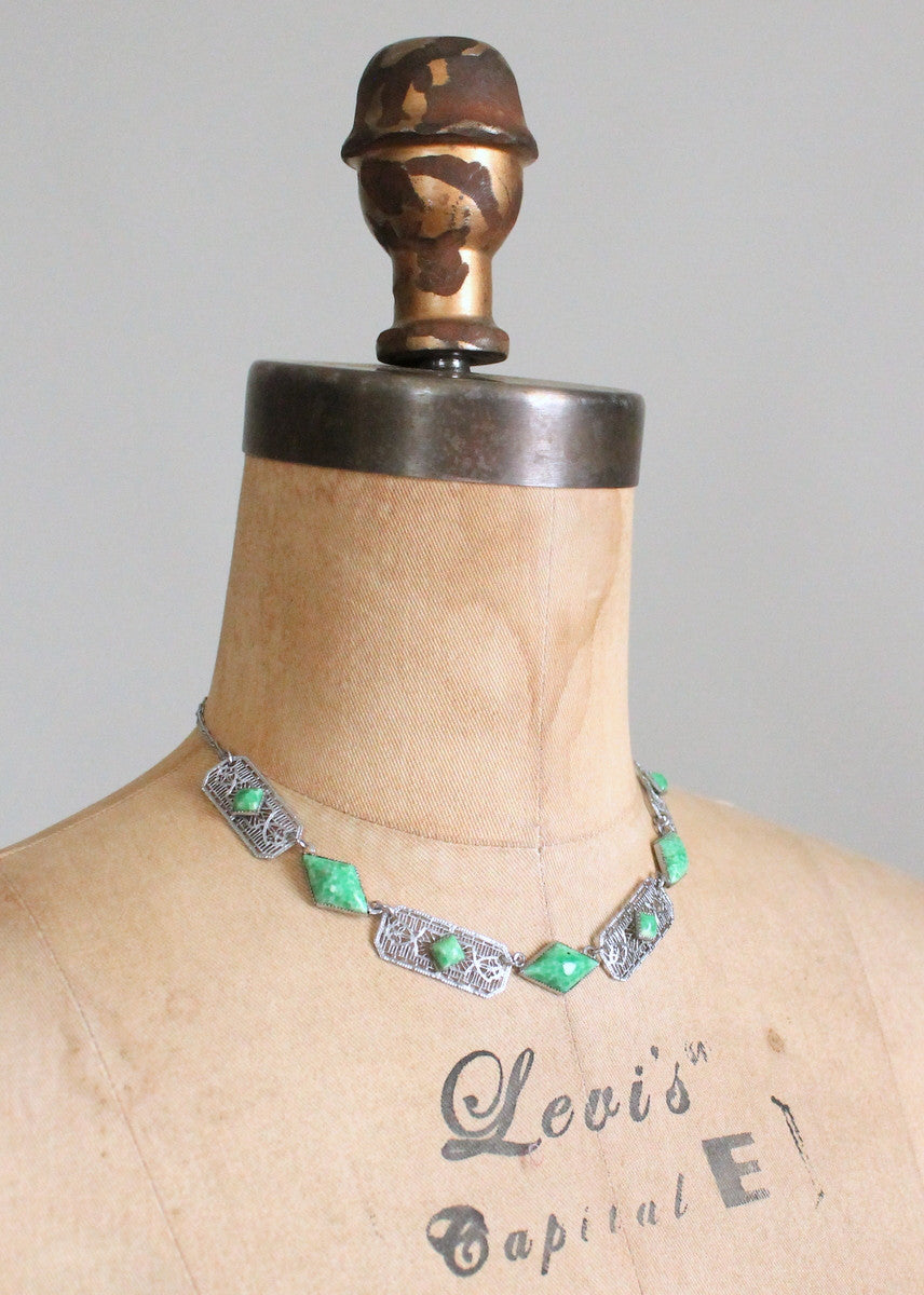 Vintage 1930s Green Glass and Silver Filigree Necklace