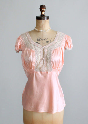 Vintage 1930s Peach Satin and Lace PJ Top