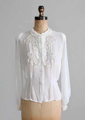 Vintage 1930s White Rayon and Lace Blouse - Raleigh Vintage