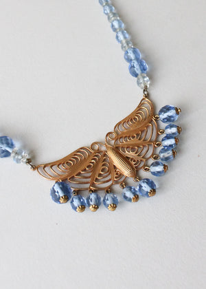 Vintage 1930s Blue Beaded Necklace with Brass Butterfly