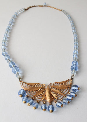 Vintage 1930s Blue Beaded Necklace with Brass Butterfly
