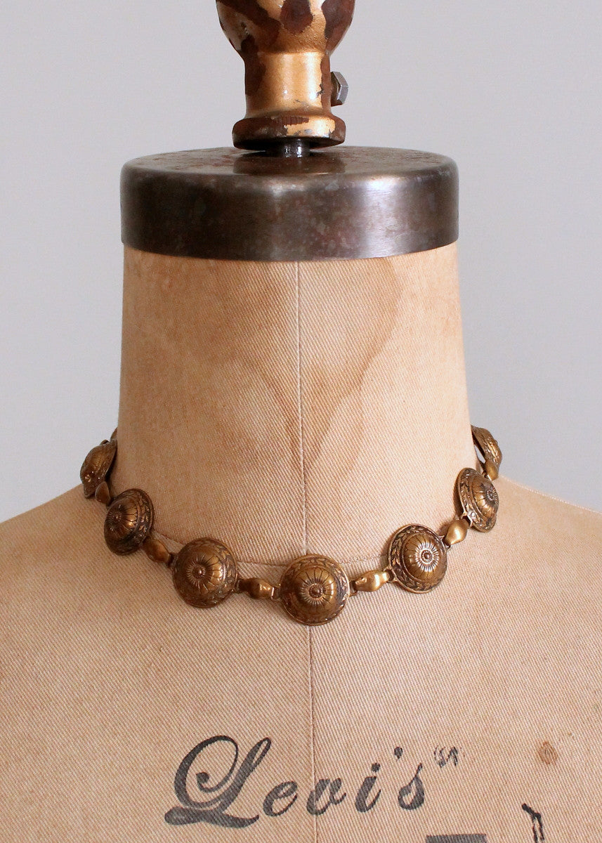Vintage 1930s Greek Shield Brass Necklace