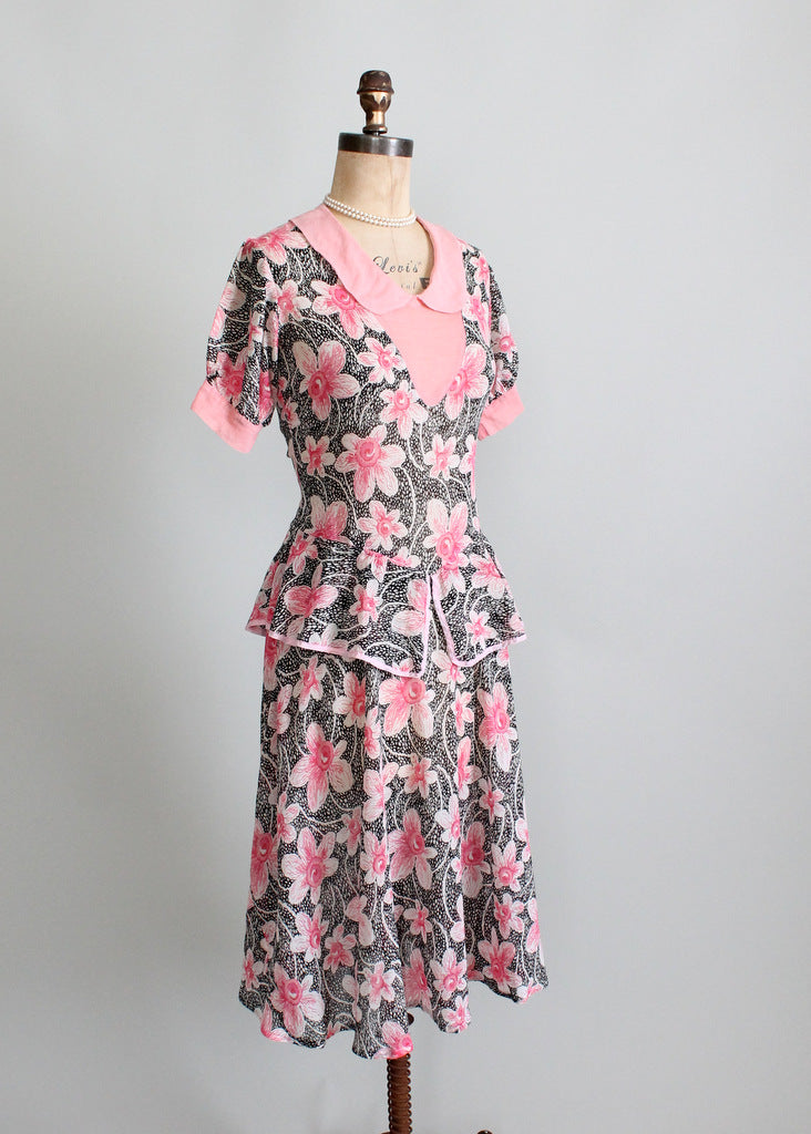 Vintage 1930s Pink and Black Floral Peplum Dress